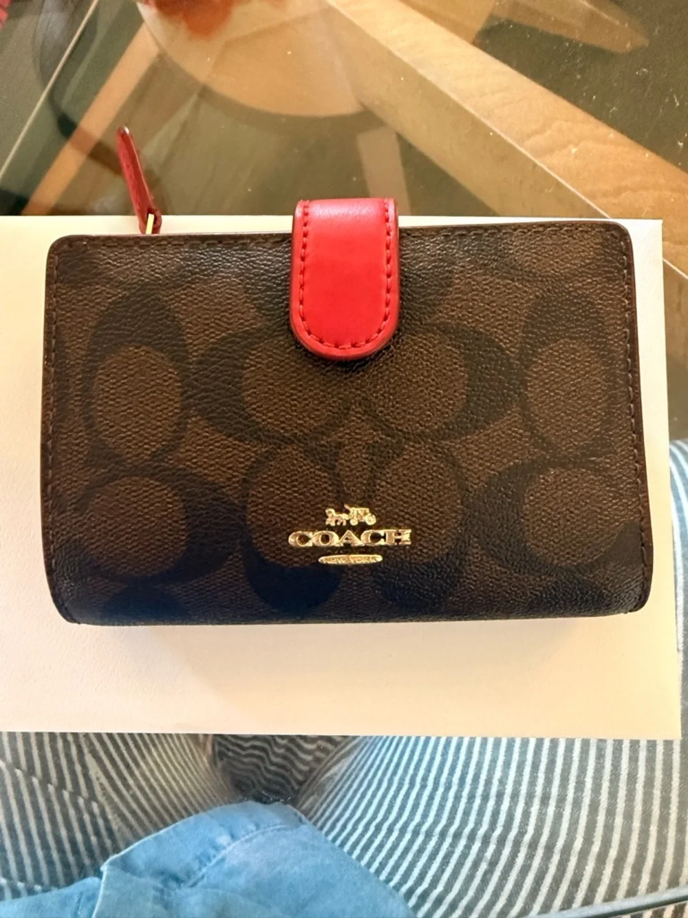 Coach Brown Signature Wallet with Red Tab